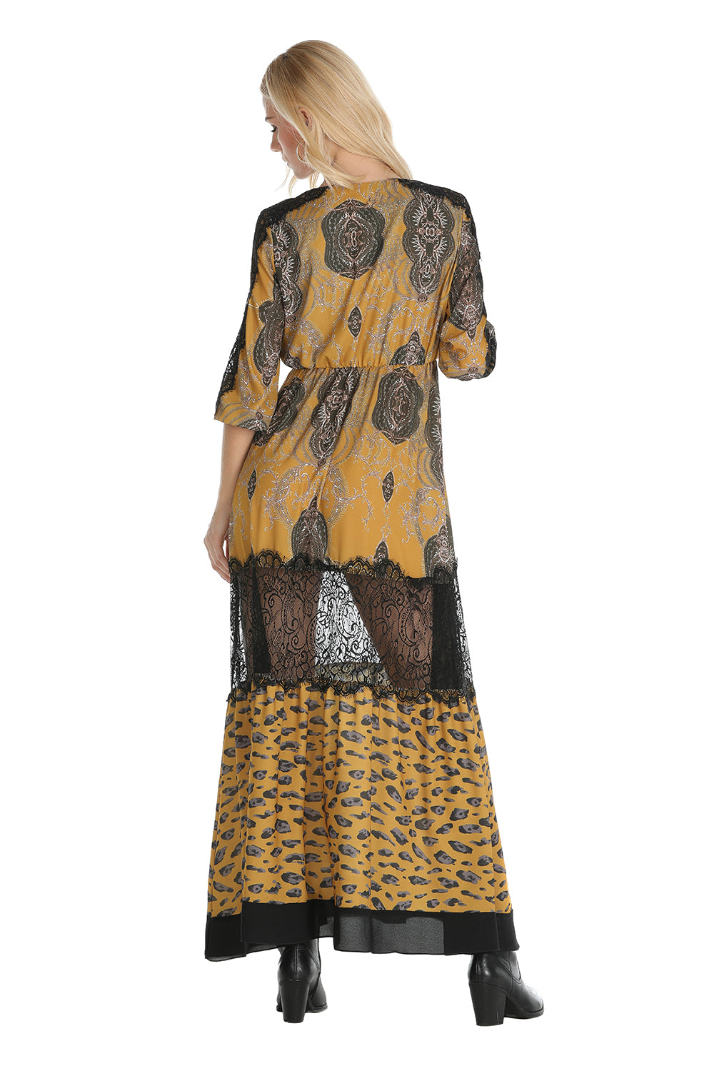 印花长款连衣裙和 3/4 袖蕾丝 SAYEH