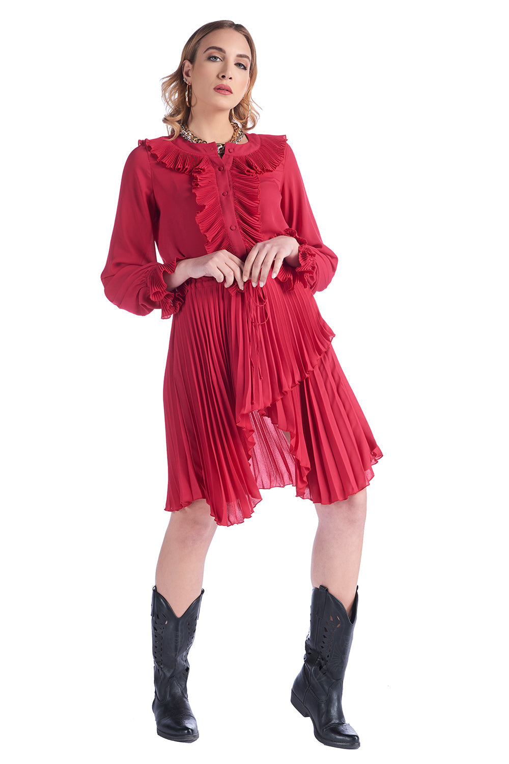 不对称裙身和 KIRTI 荷叶边连衣裙