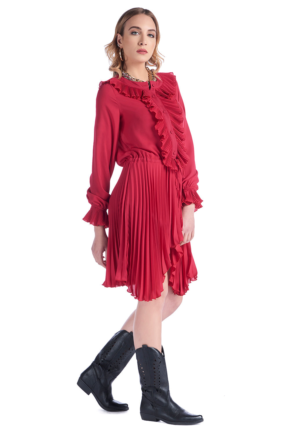 不对称裙身和 KIRTI 荷叶边连衣裙