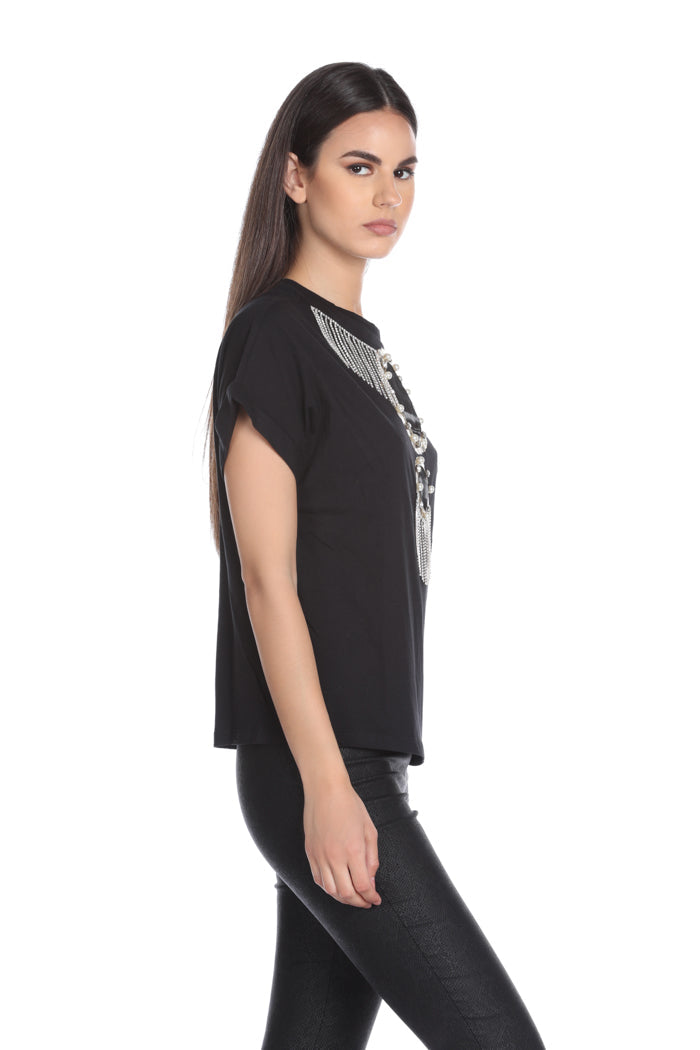 CIANCEL 半袖 T 恤，带框架印花加珍珠和水钻应用