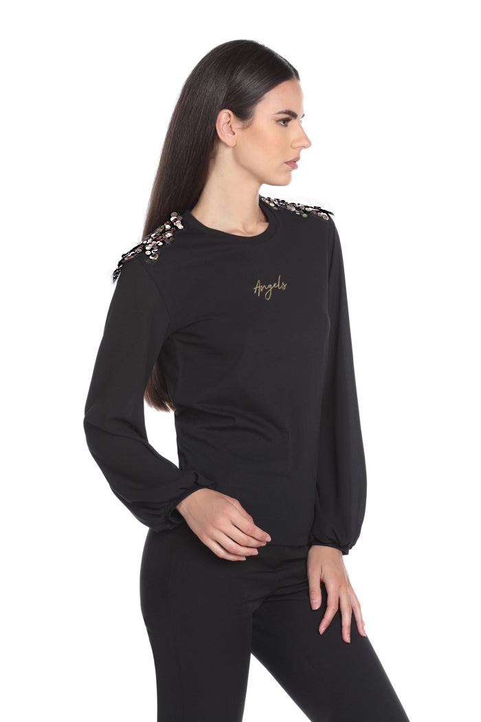 SALVY 翅膀贴饰印花长袖乔其纱 T 恤