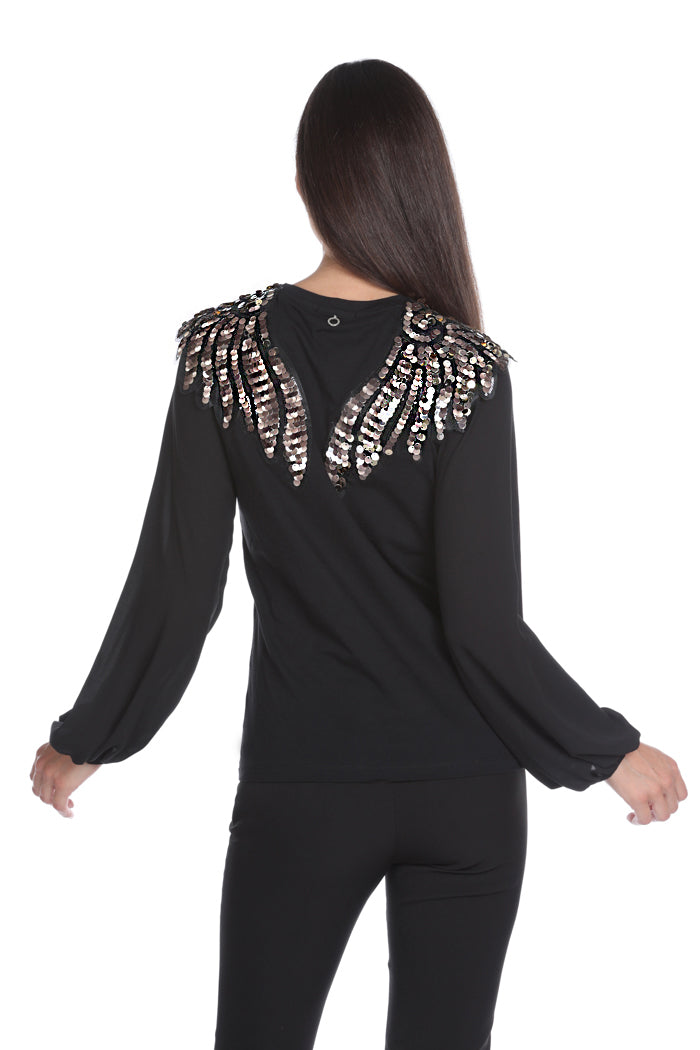 SALVY 翅膀贴饰印花长袖乔其纱 T 恤