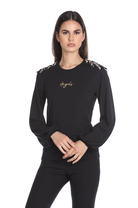 SALVY 翅膀贴饰印花长袖乔其纱 T 恤