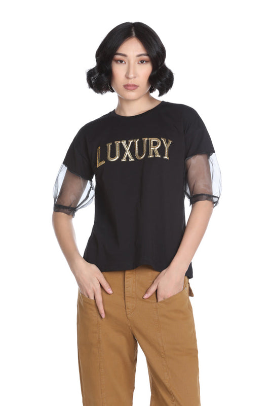 POLLUX 金色奢华印花欧根纱短袖 T 恤