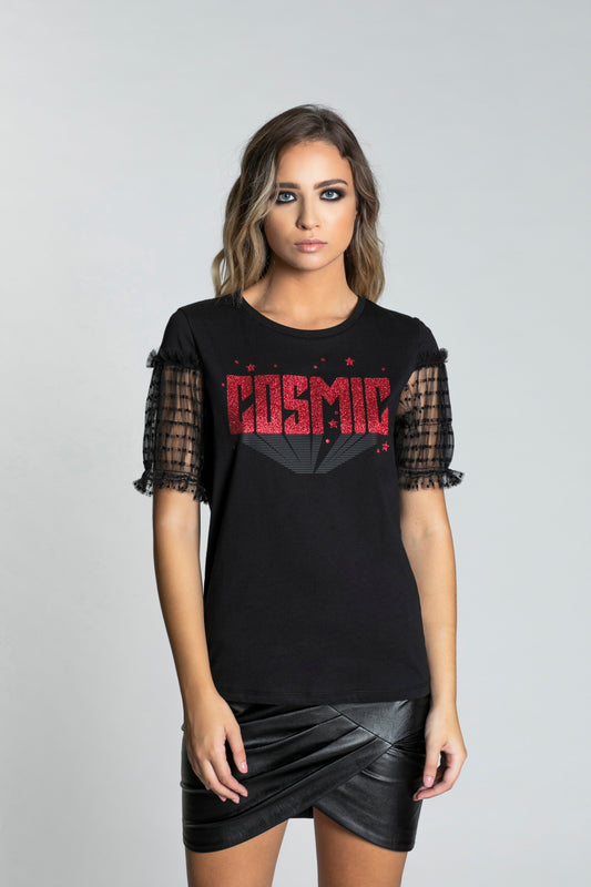 T 恤 PRIMAD 半袖薄纱 plumetis 荷叶边加印花