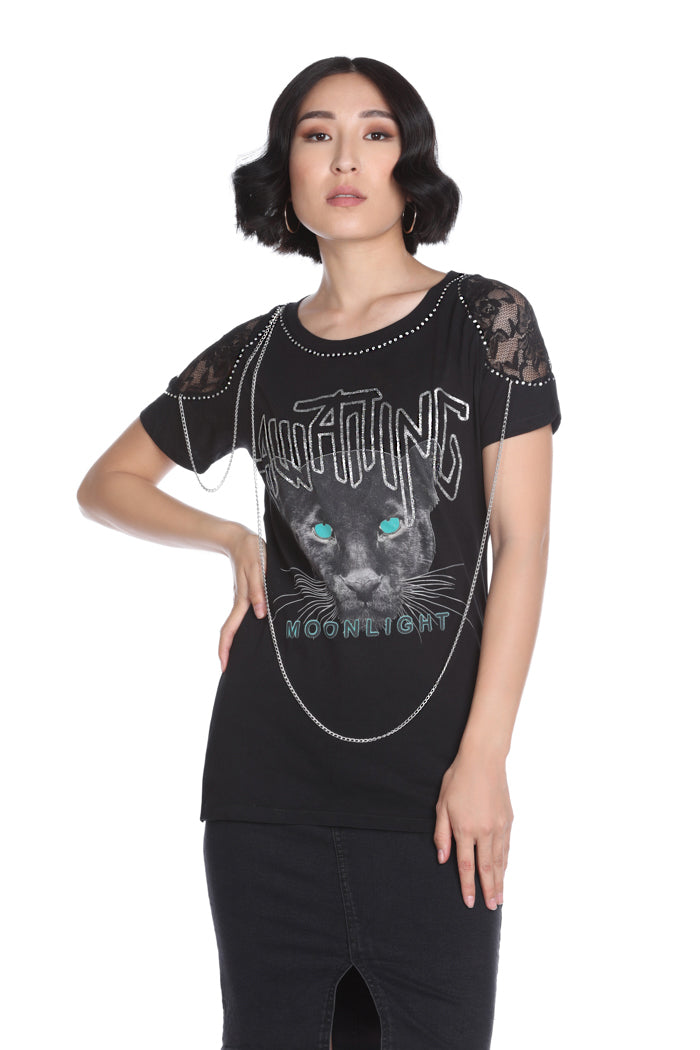 RICCADA 半袖 T 恤带蕾丝加水钻带印花加闪粉加链条