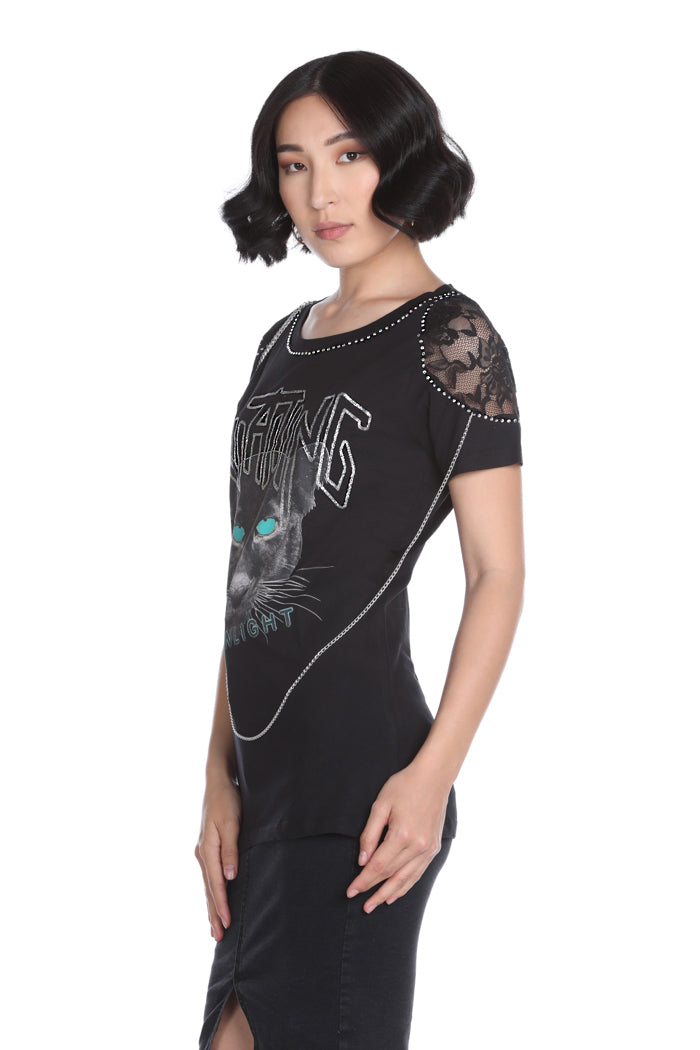 RICCADA 半袖 T 恤带蕾丝加水钻带印花加闪粉加链条