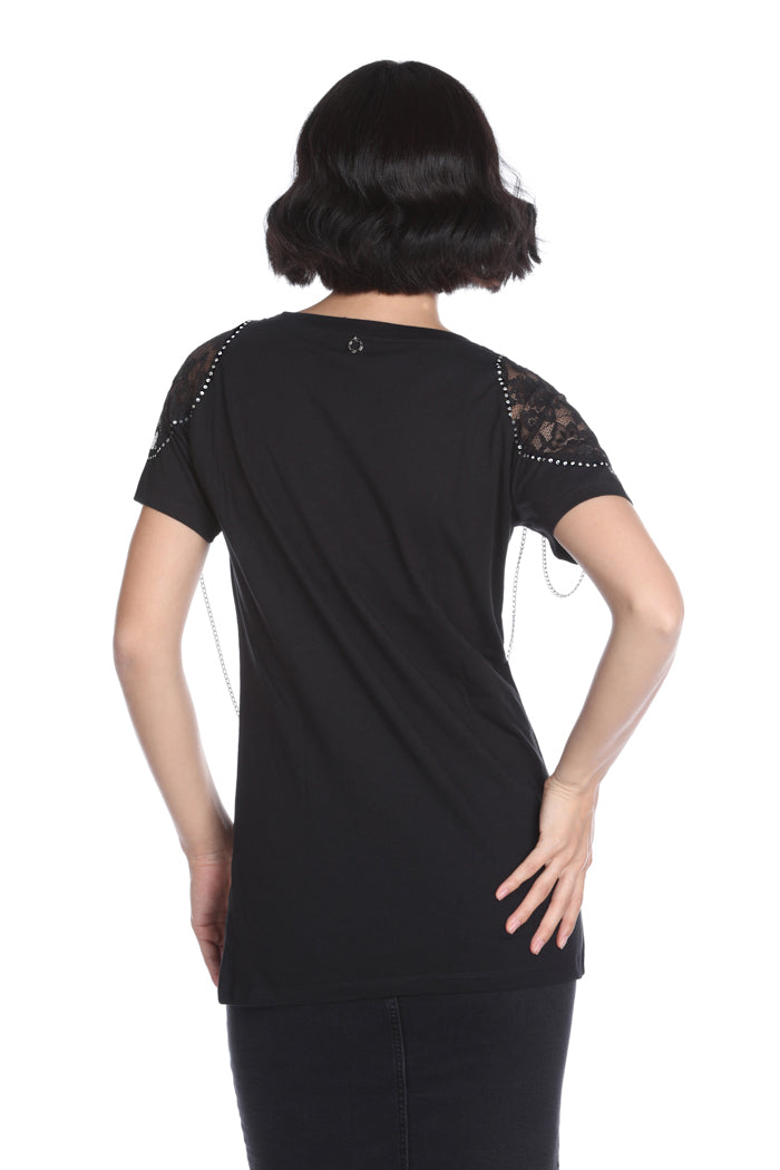 RICCADA 半袖 T 恤带蕾丝加水钻带印花加闪粉加链条