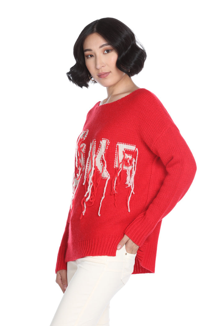 PUMPKIN 长袖毛衣，提花加流苏加开衩