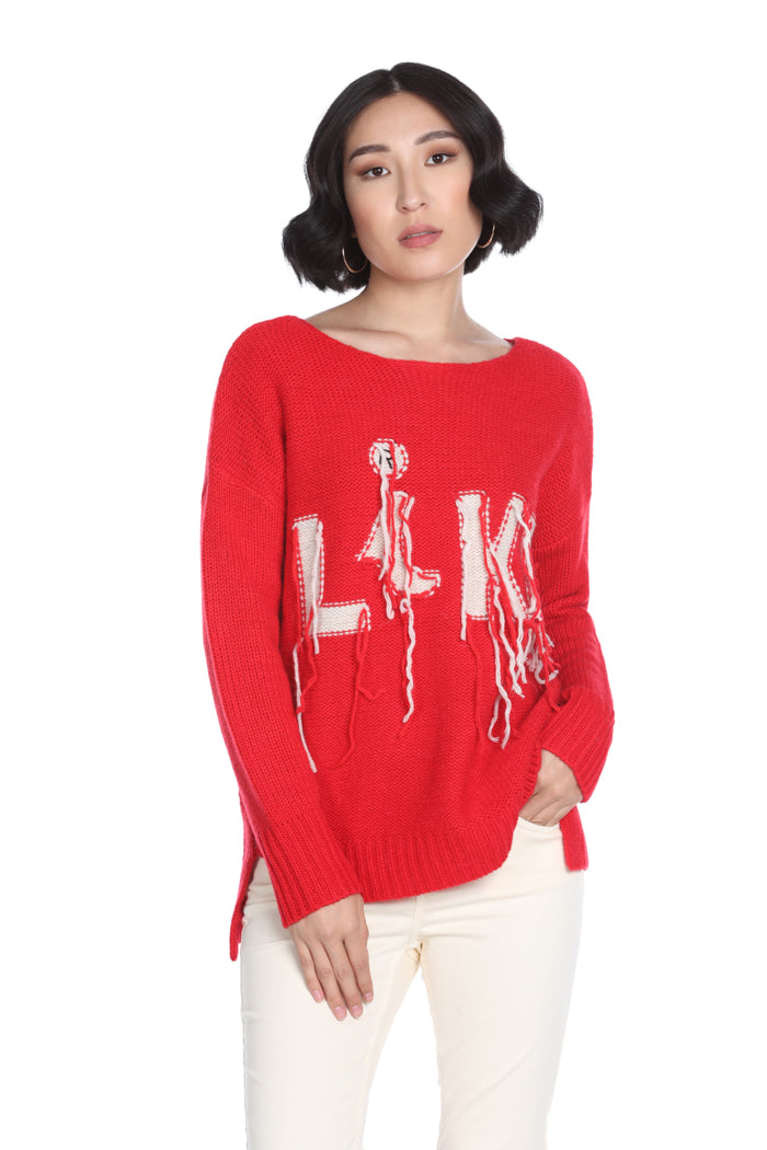 PUMPKIN 长袖毛衣，提花加流苏加开衩