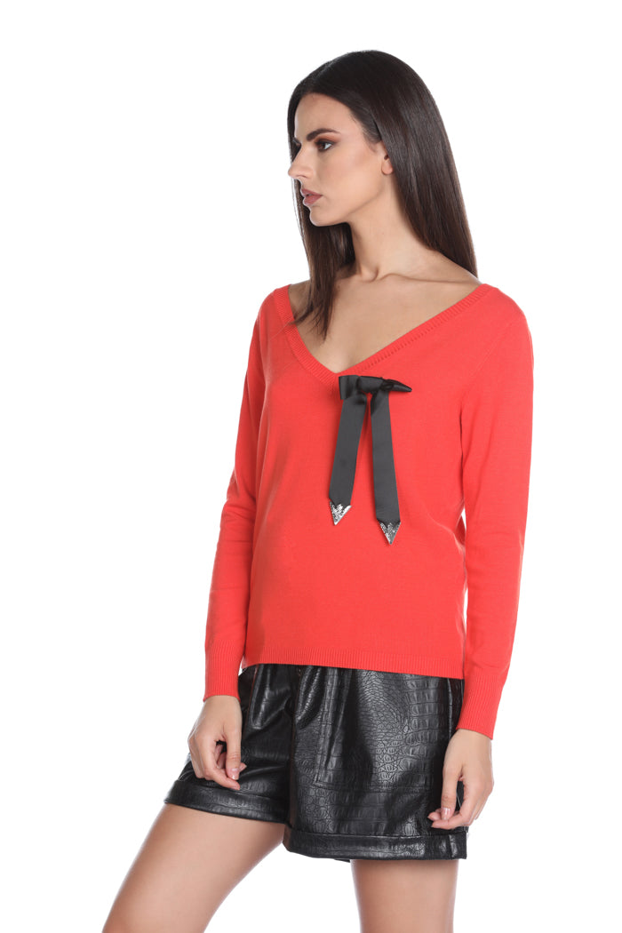 SHARMELI 双V领罗缎胸针长袖毛衣