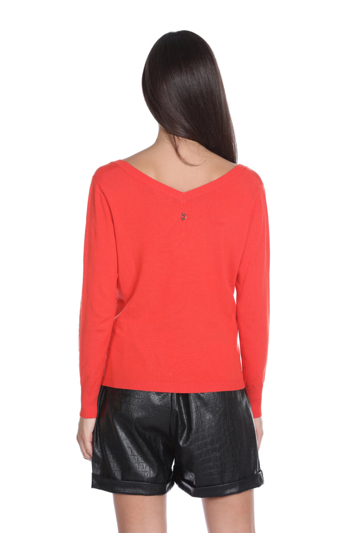 SHARMELI 双V领罗缎胸针长袖毛衣