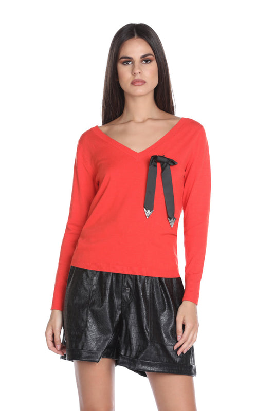 SHARMELI 双V领罗缎胸针长袖毛衣