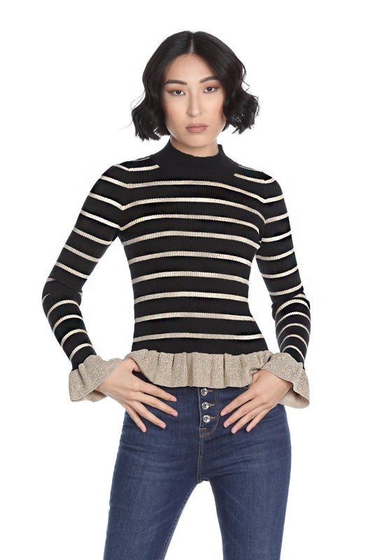 VEROL 长袖半领针织衫，条纹加卢勒克斯背景