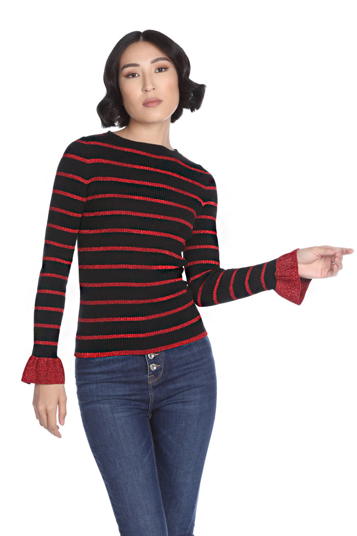 VIZIANA 金银丝背景条纹长袖毛衣