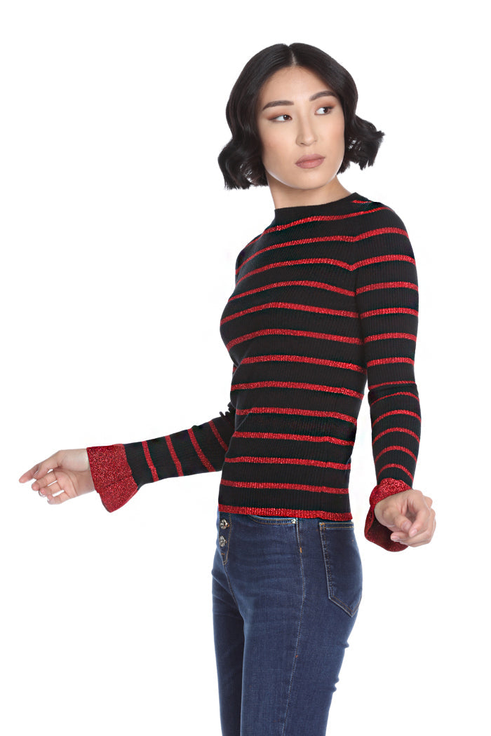 VIZIANA 金银丝背景条纹长袖毛衣