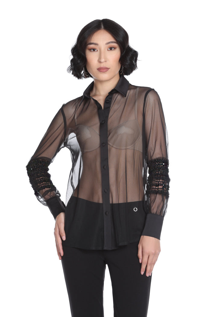 ROSTERA 衬衫长袖荷叶边加亮片边缘加纽扣缎面薄纱