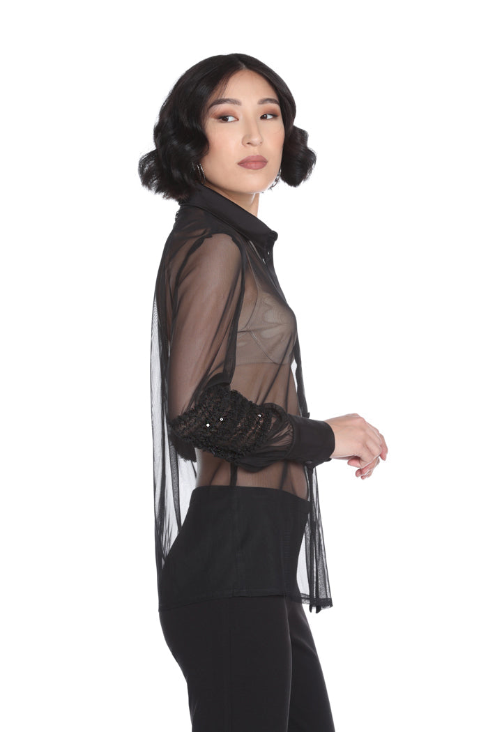 ROSTERA 衬衫长袖荷叶边加亮片边缘加纽扣缎面薄纱