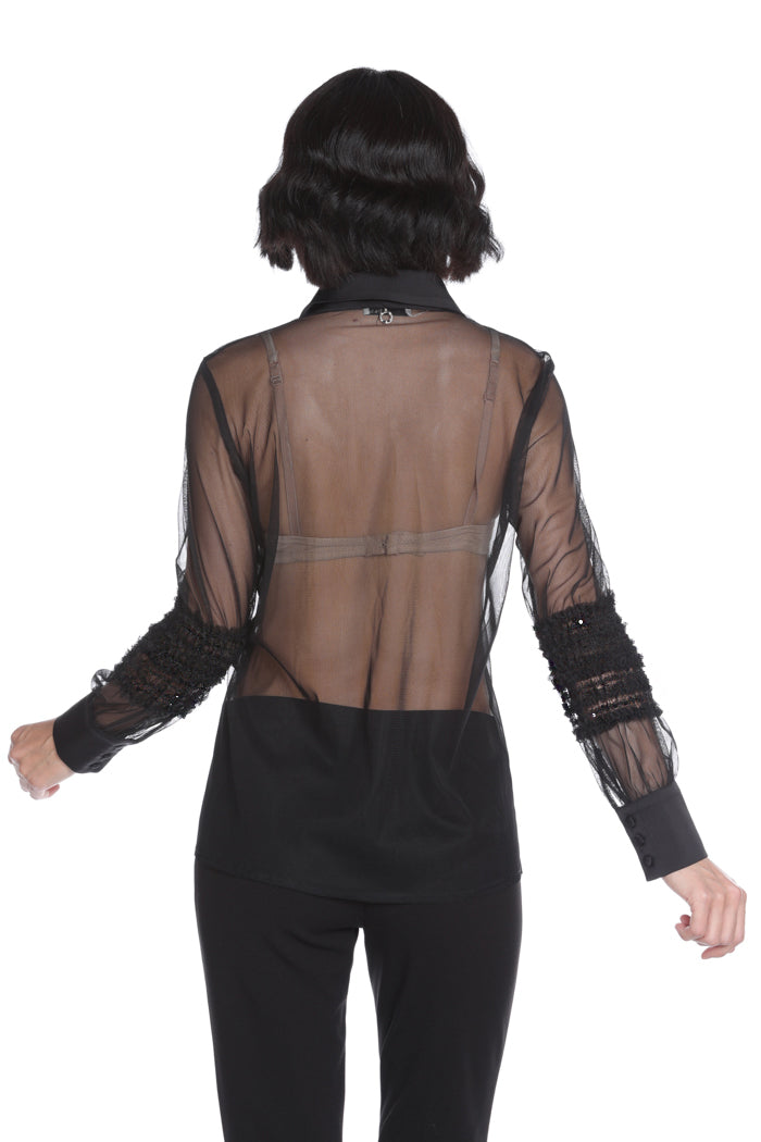 ROSTERA 衬衫长袖荷叶边加亮片边缘加纽扣缎面薄纱