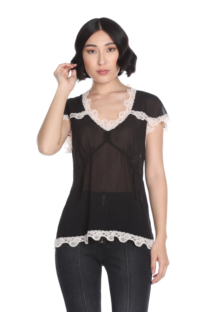 LUCYA 半袖衬衫，带蕾丝轮廓和缎面蝴蝶结