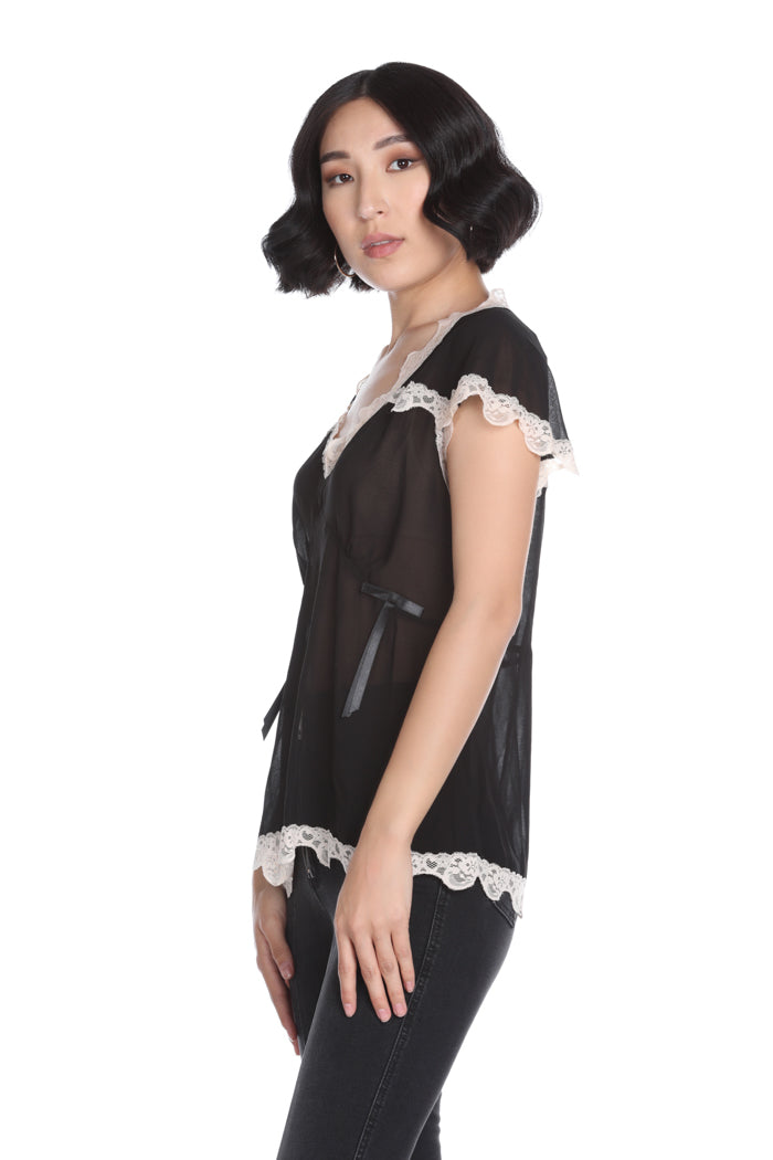 LUCYA 半袖衬衫，带蕾丝轮廓和缎面蝴蝶结