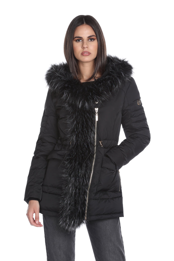 SONYS 长袖羽绒服，带口袋加兜帽加抽绳加人造皮草细节