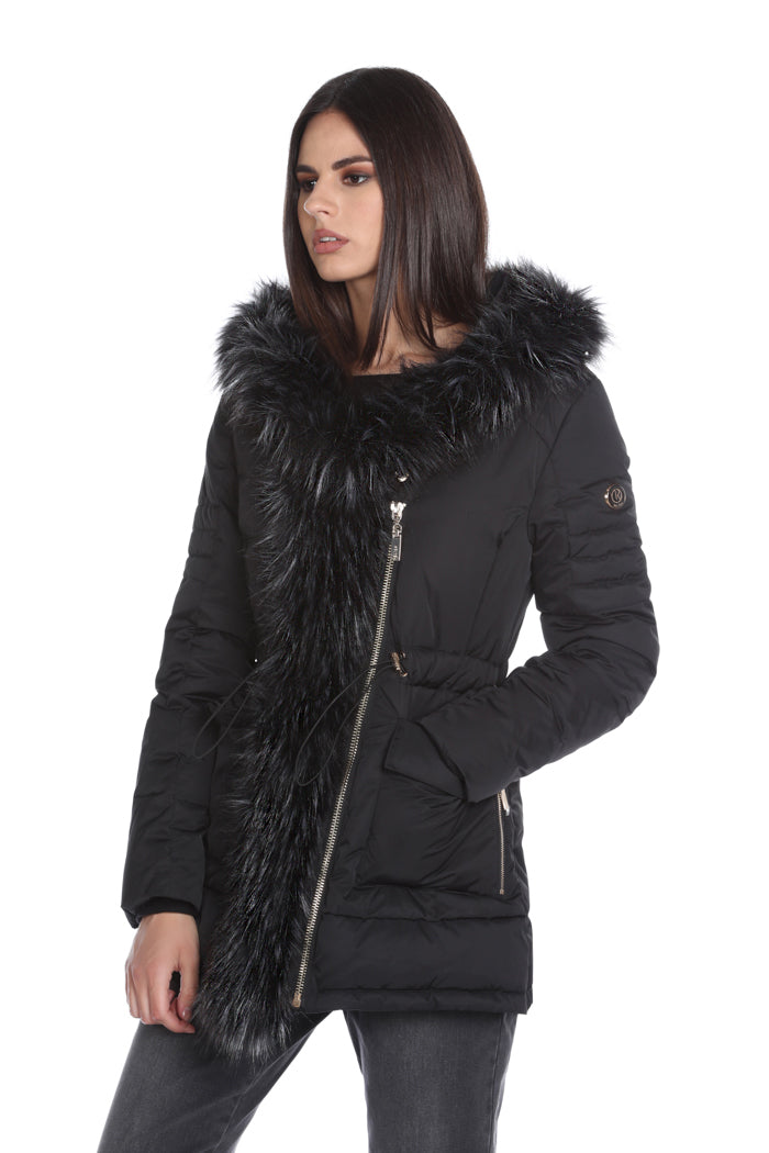 SONYS 长袖羽绒服，带口袋加兜帽加抽绳加人造皮草细节