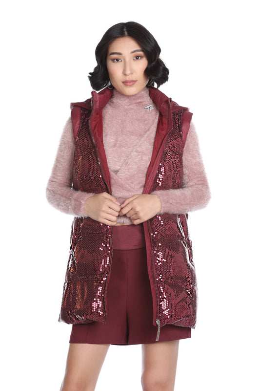 SHIRLEY 连帽+全亮片口袋长款无袖羽绒服