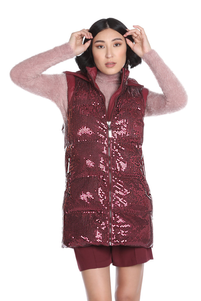 SHIRLEY 连帽+全亮片口袋长款无袖羽绒服