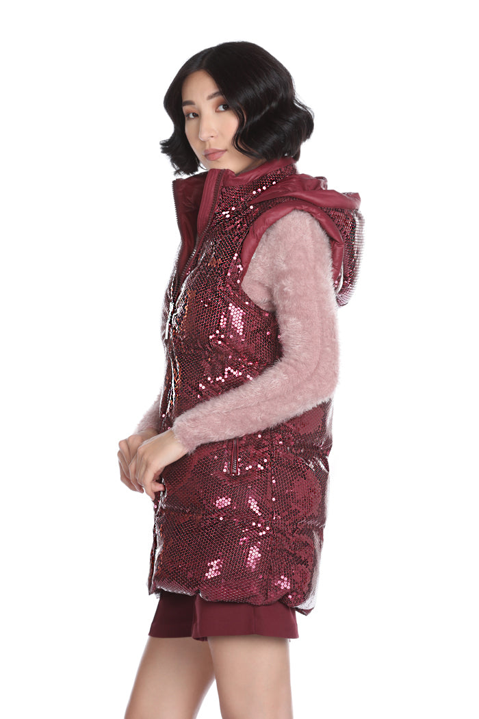 SHIRLEY 连帽+全亮片口袋长款无袖羽绒服