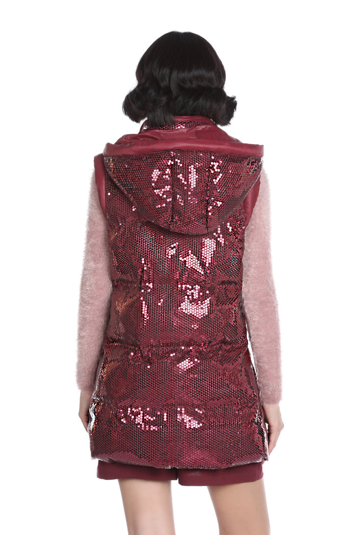 SHIRLEY 连帽+全亮片口袋长款无袖羽绒服