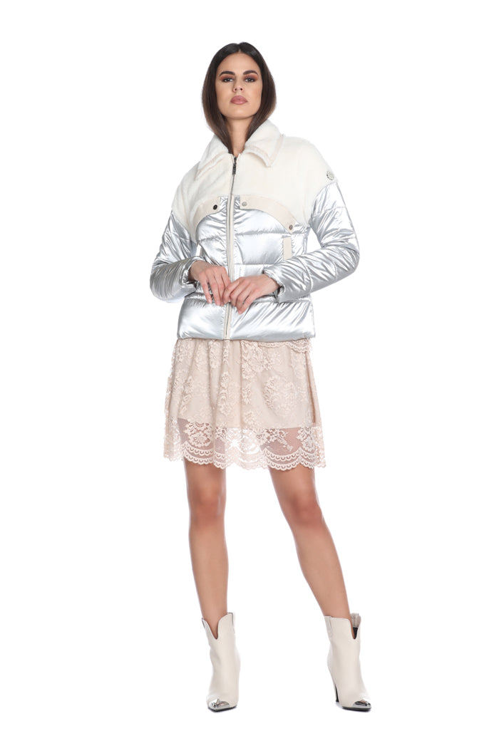 ASTYNO 长袖羽绒服，人造皮草加人造皮革轮廓加抽绳