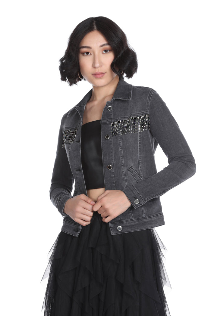 SHARMEN 水钻长袖短款牛仔夹克
