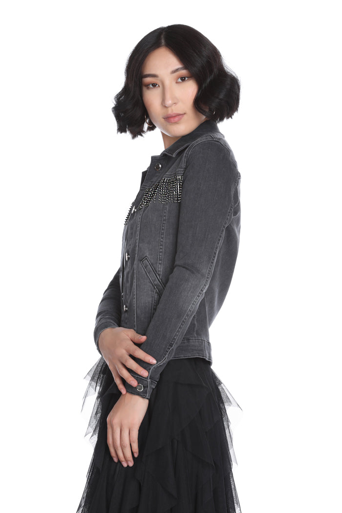 SHARMEN 水钻长袖短款牛仔夹克