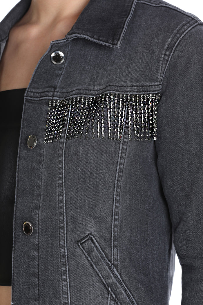 SHARMEN 水钻长袖短款牛仔夹克