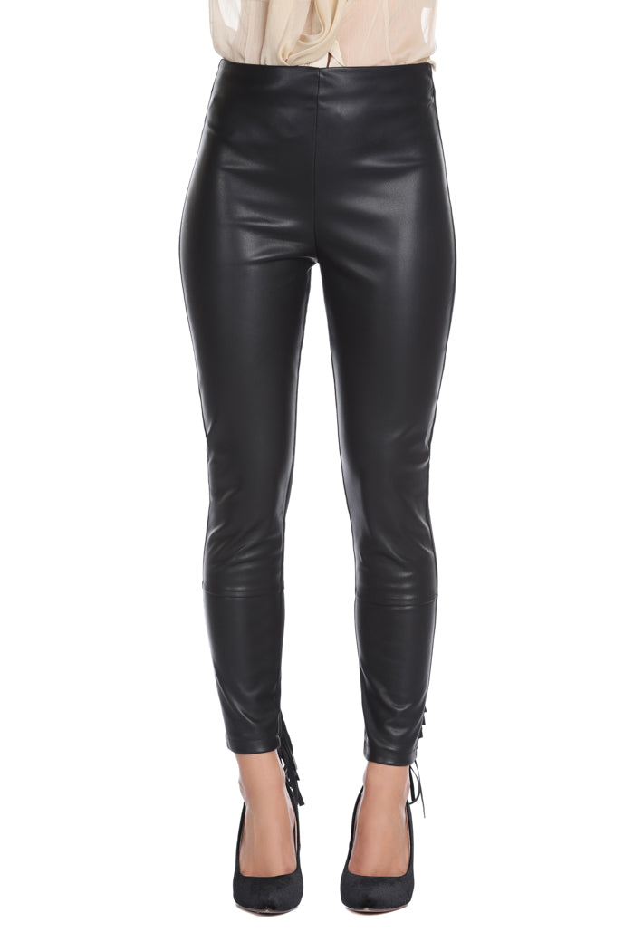 REWARD 高腰紧身裤，人造皮革底部流苏加米兰缝线