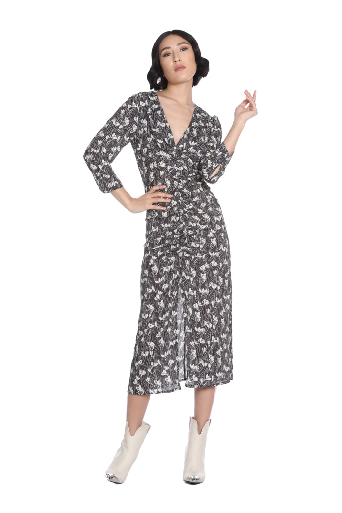 VOTTES 中长连衣裙 3/4 袖双领口加卷边加花朵图案开衩