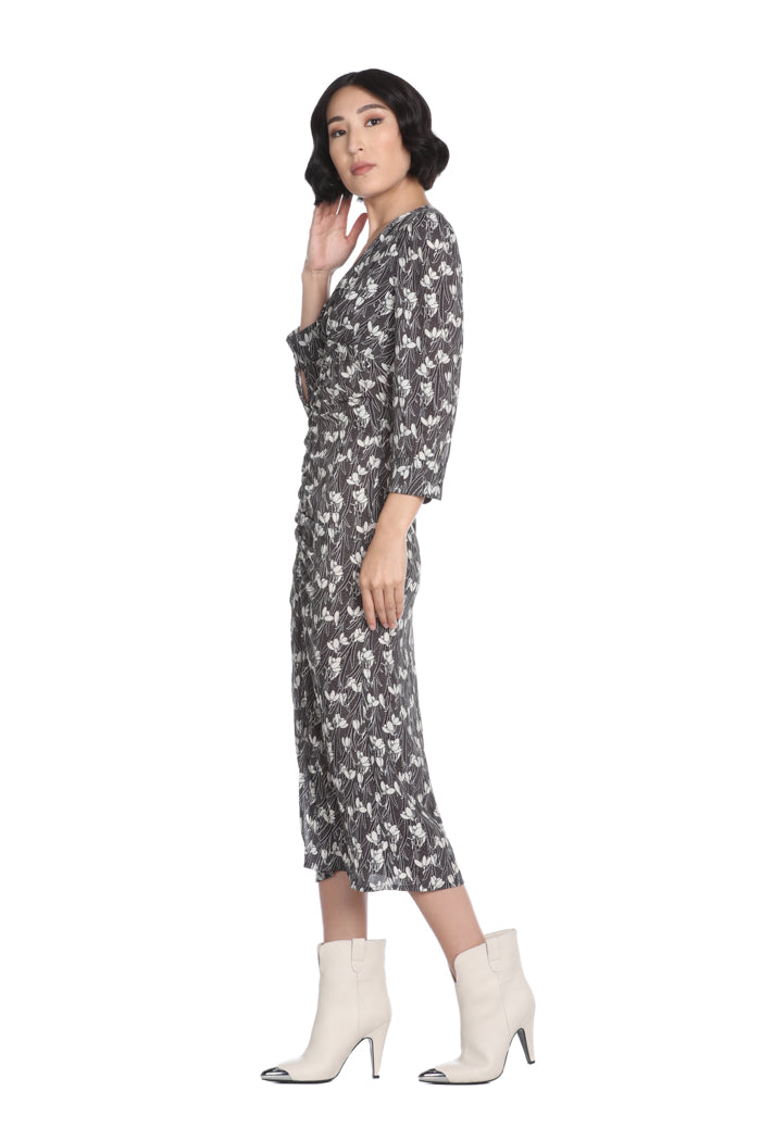 VOTTES 中长连衣裙 3/4 袖双领口加卷边加花朵图案开衩