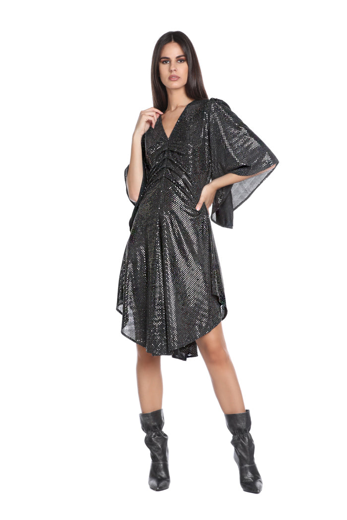 WHITEHALL 短款蝙蝠翼半袖 V 领连衣裙，带 tex 镜面卷曲