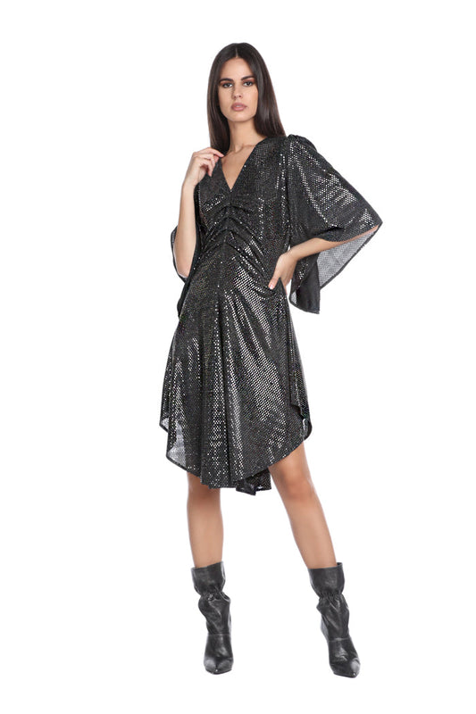 WHITEHALL 短款蝙蝠翼半袖 V 领连衣裙，带 tex 镜面卷曲