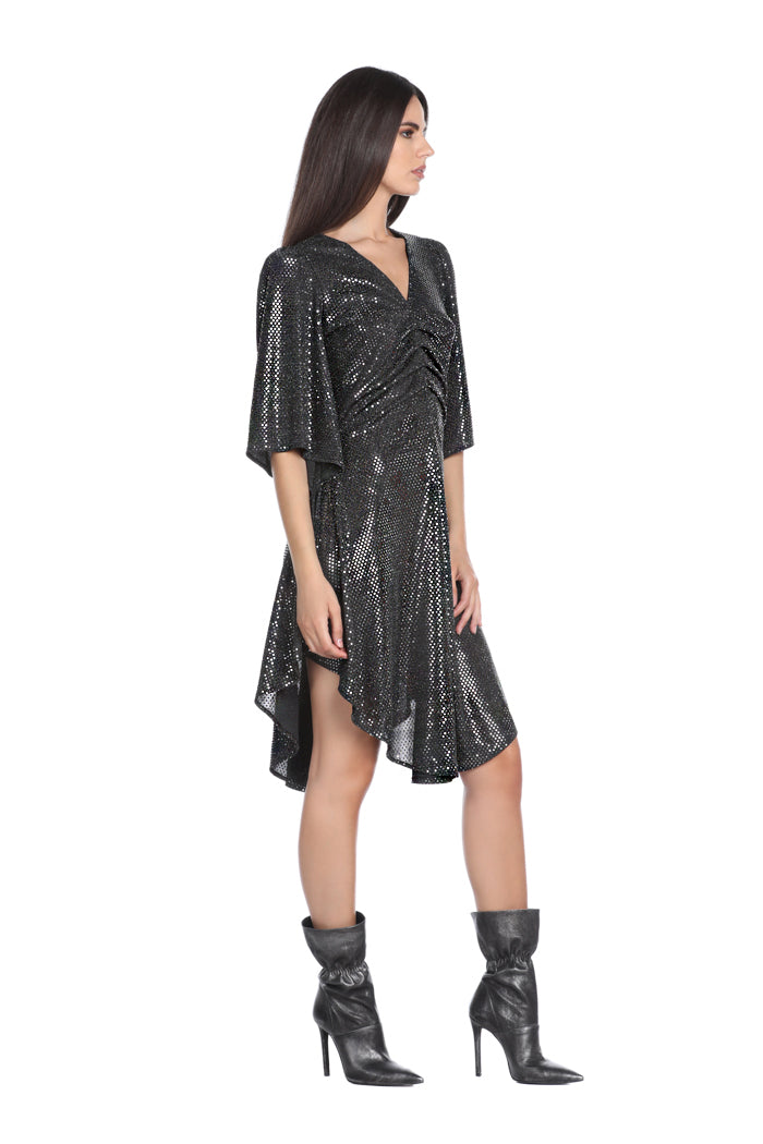 WHITEHALL 短款蝙蝠翼半袖 V 领连衣裙，带 tex 镜面卷曲