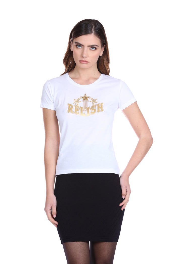 半袖 THITY T 恤，带箔印花加星星应用，带水钻加珠加链