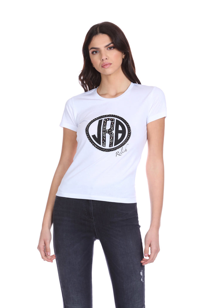 SAJUTR 半袖 T 恤，带印花加水钻应用加宝石加链条