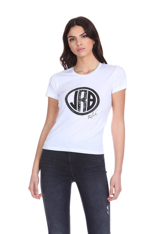 SAJUTR 半袖 T 恤，带印花加水钻应用加宝石加链条