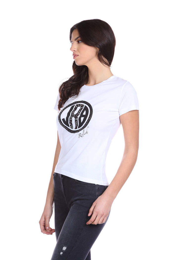 SAJUTR 半袖 T 恤，带印花加水钻应用加宝石加链条