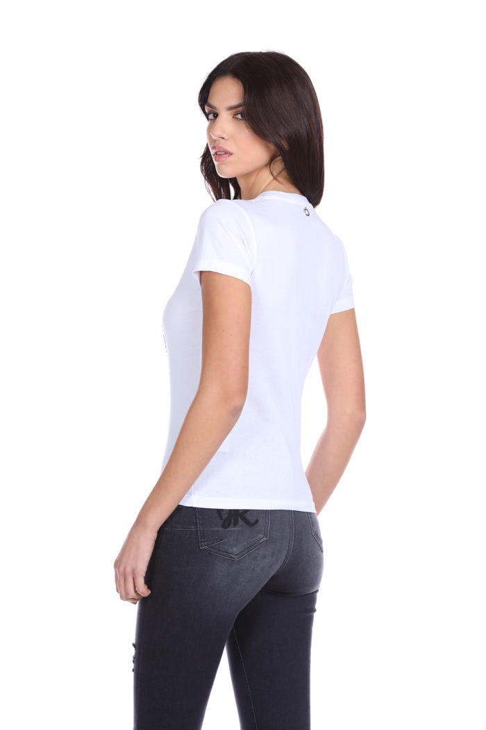 SAJUTR 半袖 T 恤，带印花加水钻应用加宝石加链条