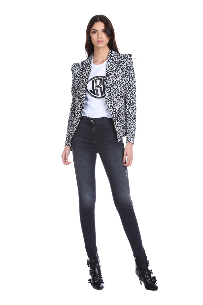 SAJUTR 半袖 T 恤，带印花加水钻应用加宝石加链条