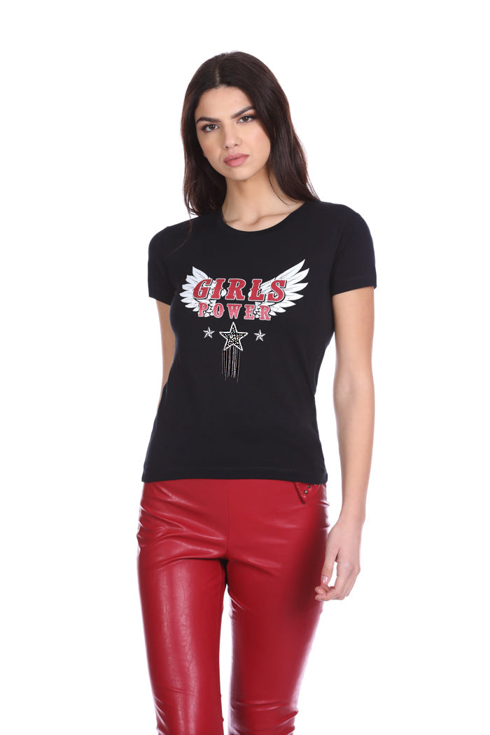 SERITUT 半袖 T 恤印花加星星应用水钻加头发加链条