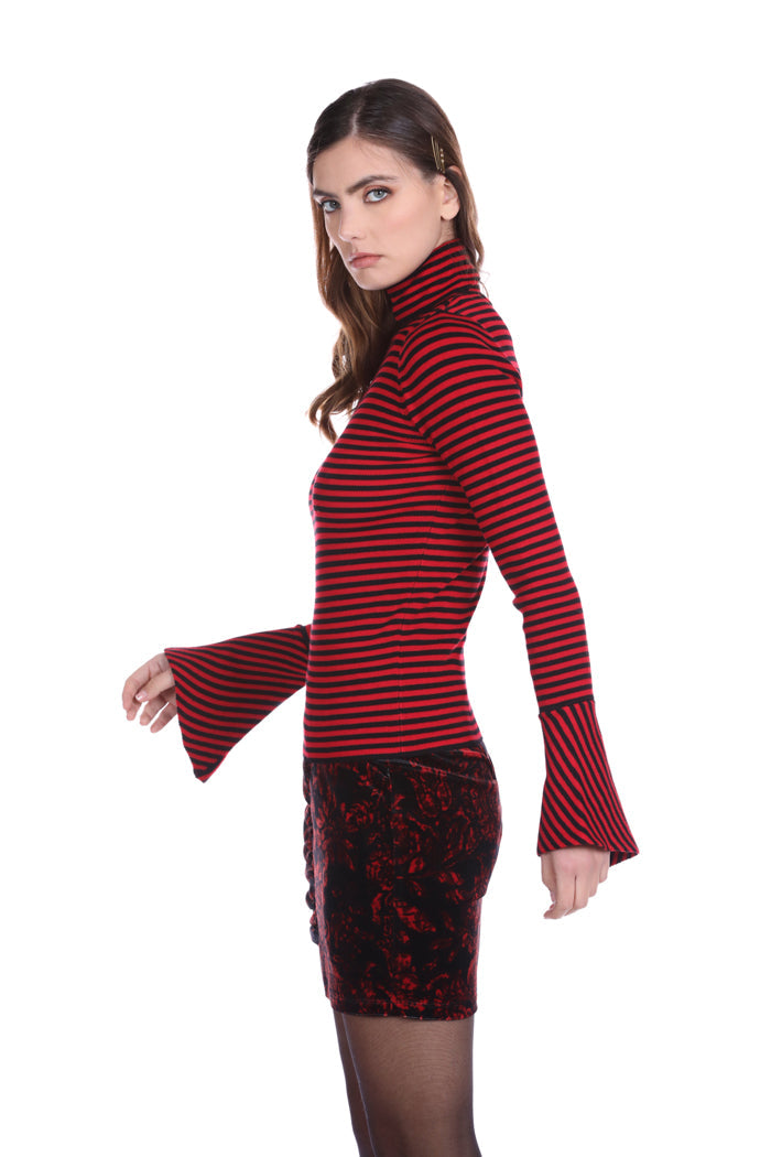 MEGISFRE 长袖喇叭形高领条纹毛衣