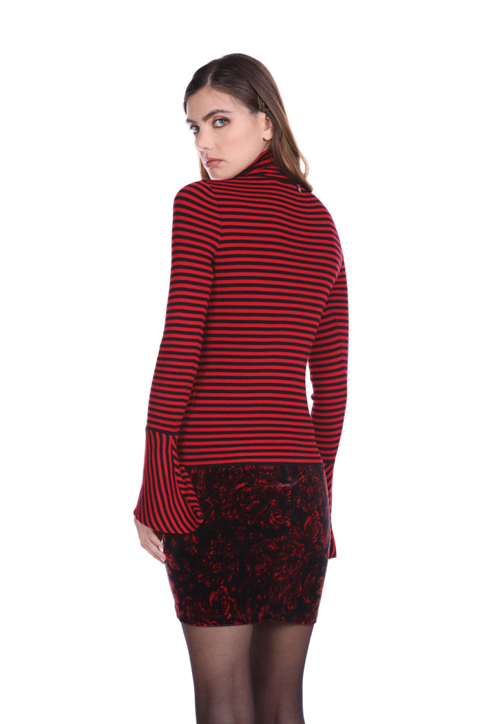 MEGISFRE 长袖喇叭形高领条纹毛衣